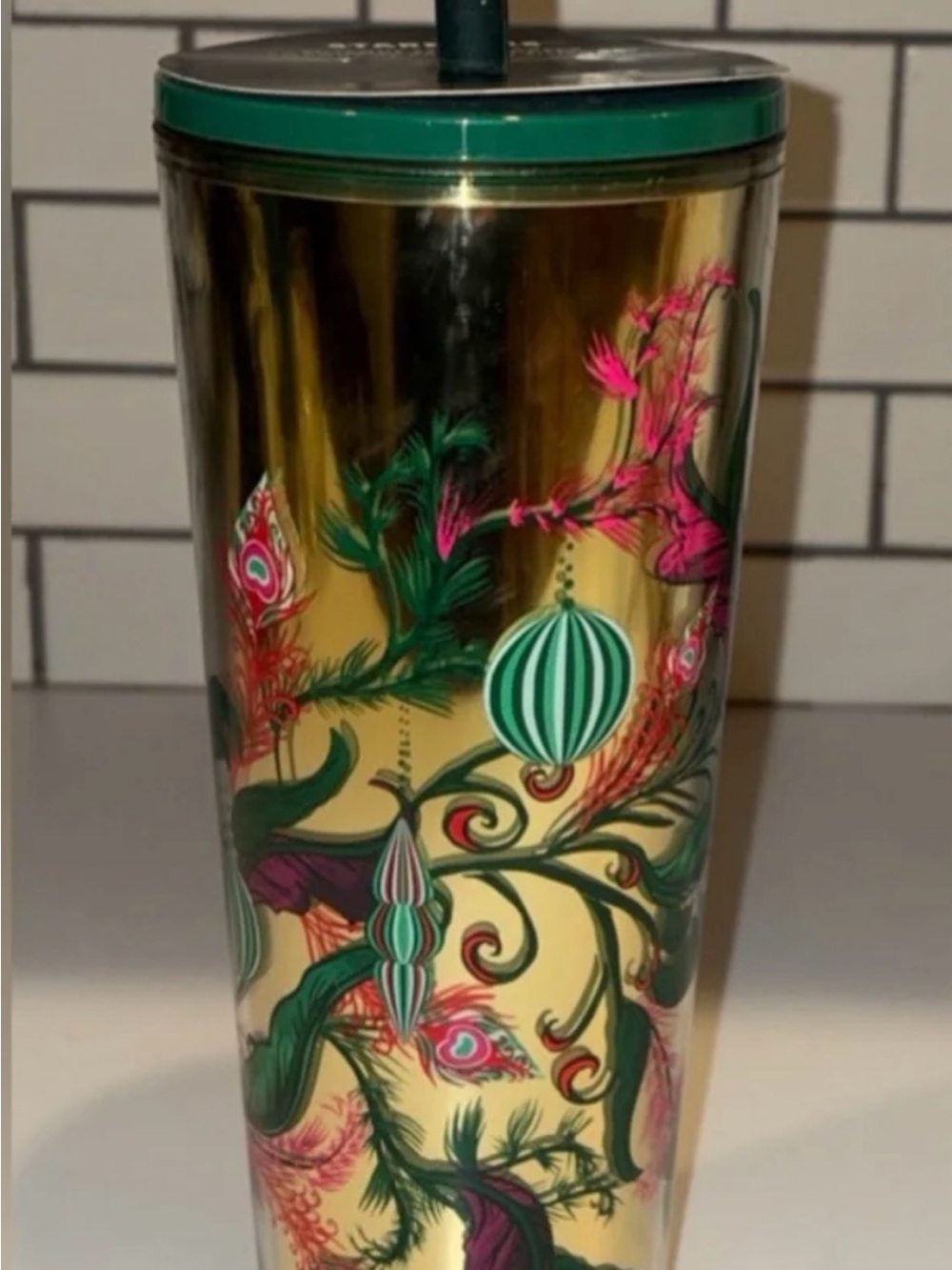 Gold Floral Travel Tumbler with Green Accents - Starbucks